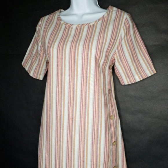 Roolee Striped Cotton Linine Button Side Hipster Woven Midi Dress w/ Pockets - Picture 4 of 16
